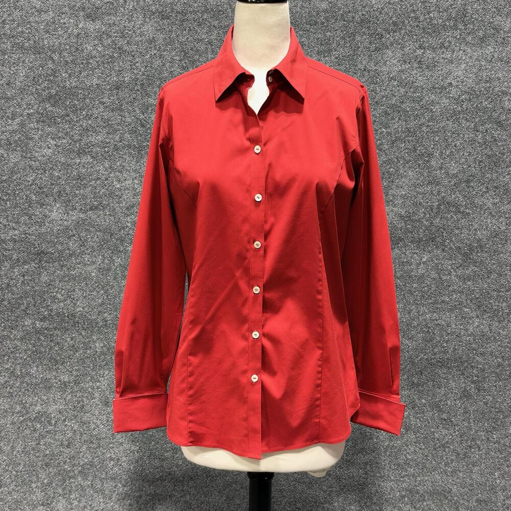 Foxcroft Shirt Womens 8 Red Non Iron Stretch Fitted Button Front Long Sleeve
